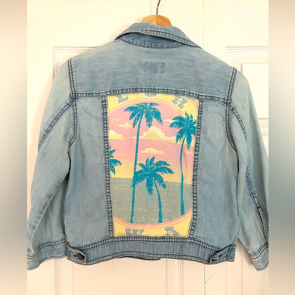 Upcycled Chaps chambre shirt with palm tree print.